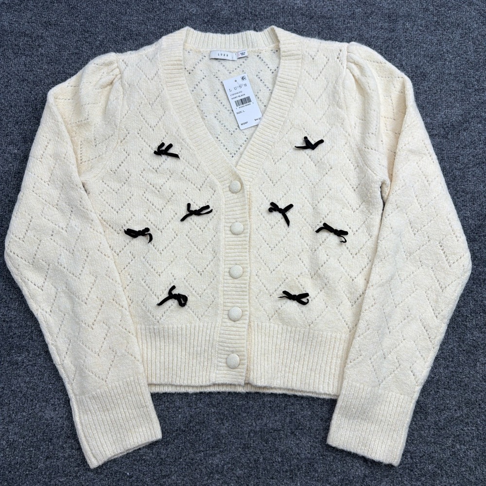 Lush Women's Cream Pointelle Knit‎ Cropped Cardigan Black Bow Detail Size M NWT